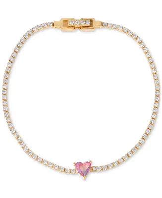 Girls Crew Gold-Tone Pink Crystal In Love Tennis Bracelet