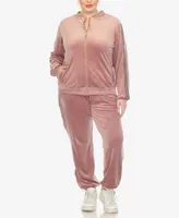 White Mark Plus Faux Leather Stripe Velour 2 Piece Tracksuit Set