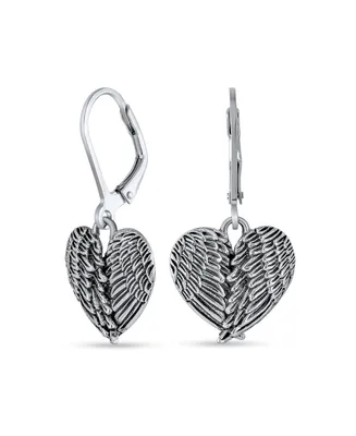 Puff Heart Shaped Guardian Angel Wings Feather Lever back Dangle Earrings For Women Oxidized .925 Sterling Silver