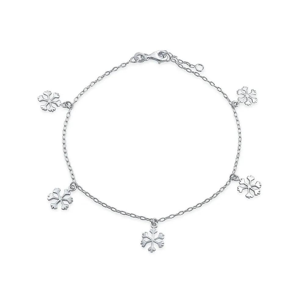 Holiday Party Christmas Dangling Multi Charms Frozen Winter Snowflake Anklet Ankle Bracelet For Women Teen .925 Sterling Silver Adjustable 9-10 Inch