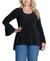 24seven Comfort Apparel Plus Long Bell Sleeve High Low Tunic Top