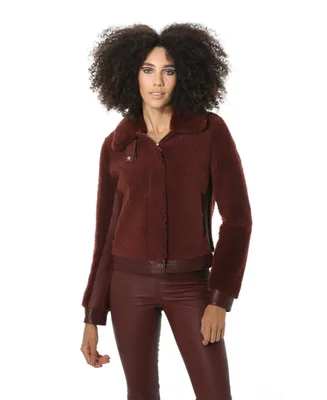 Furniq Uk Women's Short Sheepskin Fur Jacket, Outer Burgundy Curly Wool