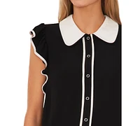 CeCe Women's Contrast Trimmed Flutter Sleeve Blouse