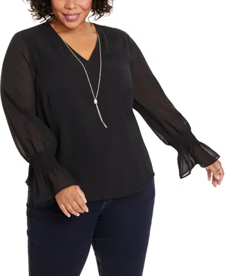 Jm Collection Plus Smocked-Sleeve Necklace Top, Created for Macy's