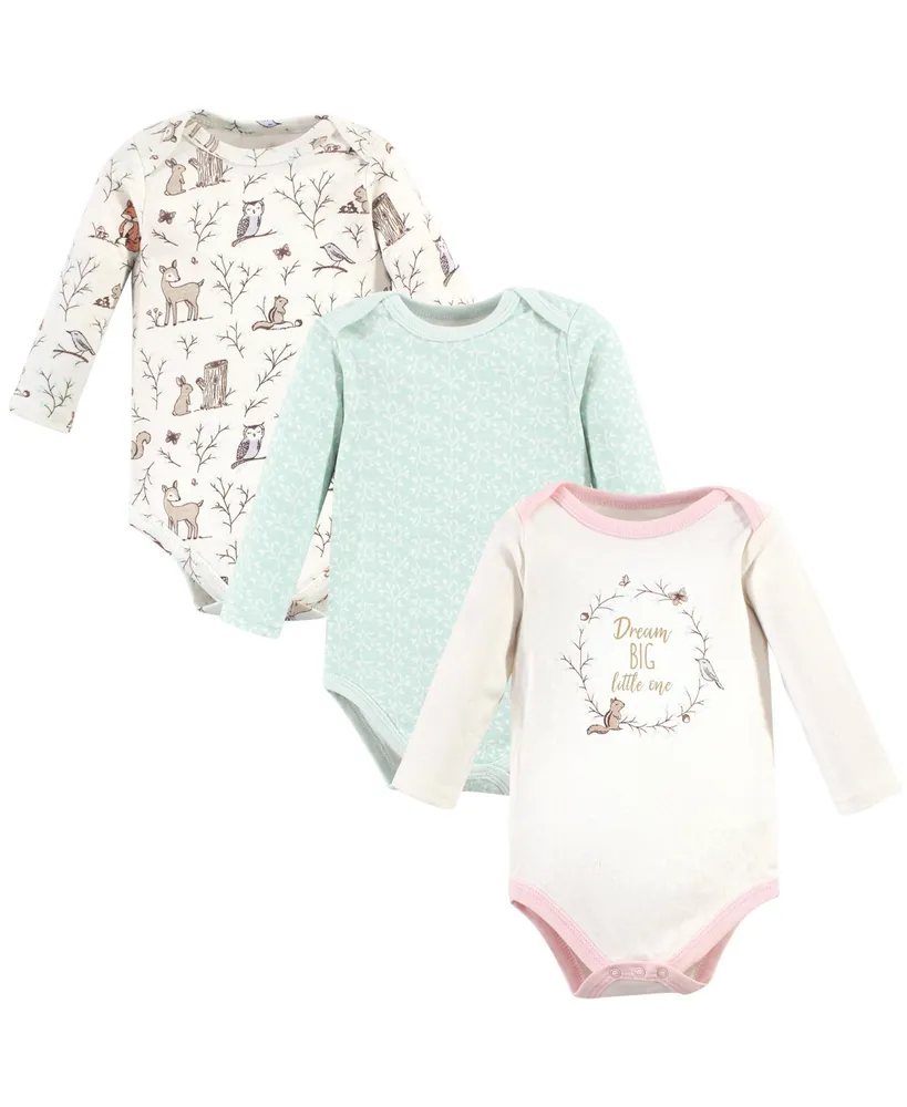 Hudson Baby Girls Cotton Long-Sleeve Bodysuits, Enchanted Forest Dream, 3-Pack