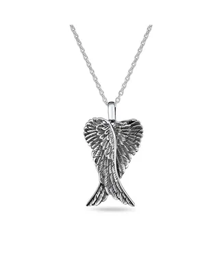 Spiritual Amulet Guardian Angel Wing Feather Heart Pendant Necklace For Women For Teen Antiqued .925 Sterling Silver Engrave Med