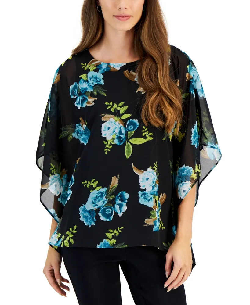 Jm Collection Women's Floral-Print Poncho-Sleeve Top, Created for Macy's