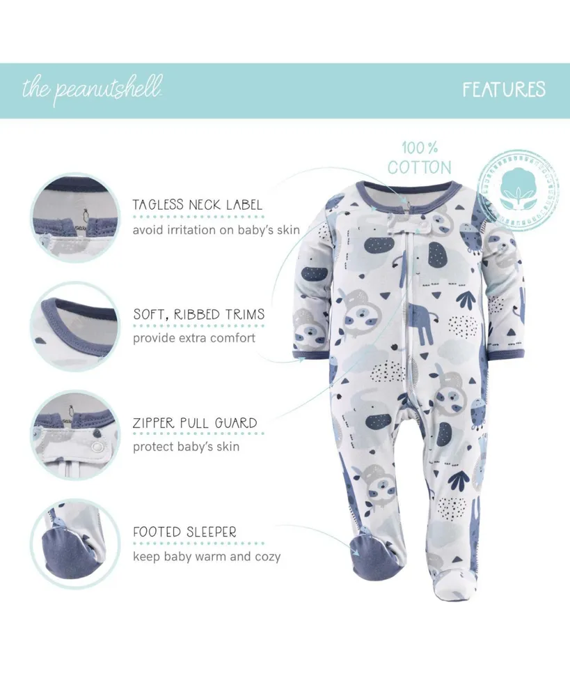 The Peanutshell Blue Safari Footed Baby Sleepers for Boys, 3-Pack,