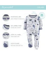 The Peanutshell Blue Safari Footed Baby Sleepers for Boys, 3-Pack,