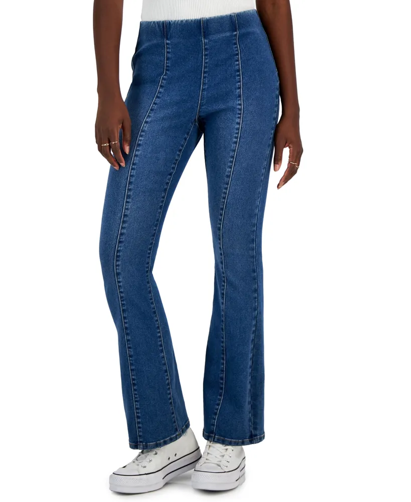 Vanilla Star Juniors' Seam-Front Pull-On Flare Jeans