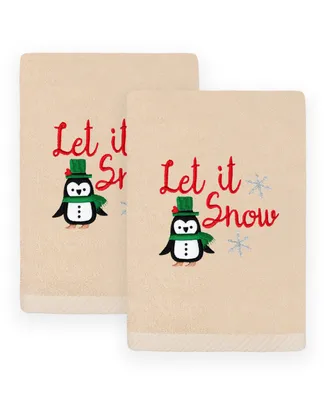 Linum Home Christmas Let It Snow Embroidered Luxury 100% Turkish Cotton Hand Towels, 2 Piece Set