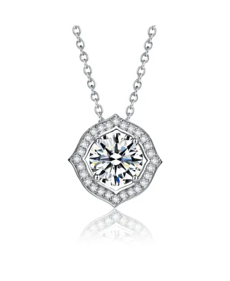 Sterling Silver White Gold Plated with 1ctw Lab Created Moissanite Round Halo Vintage Style Pendant Necklace