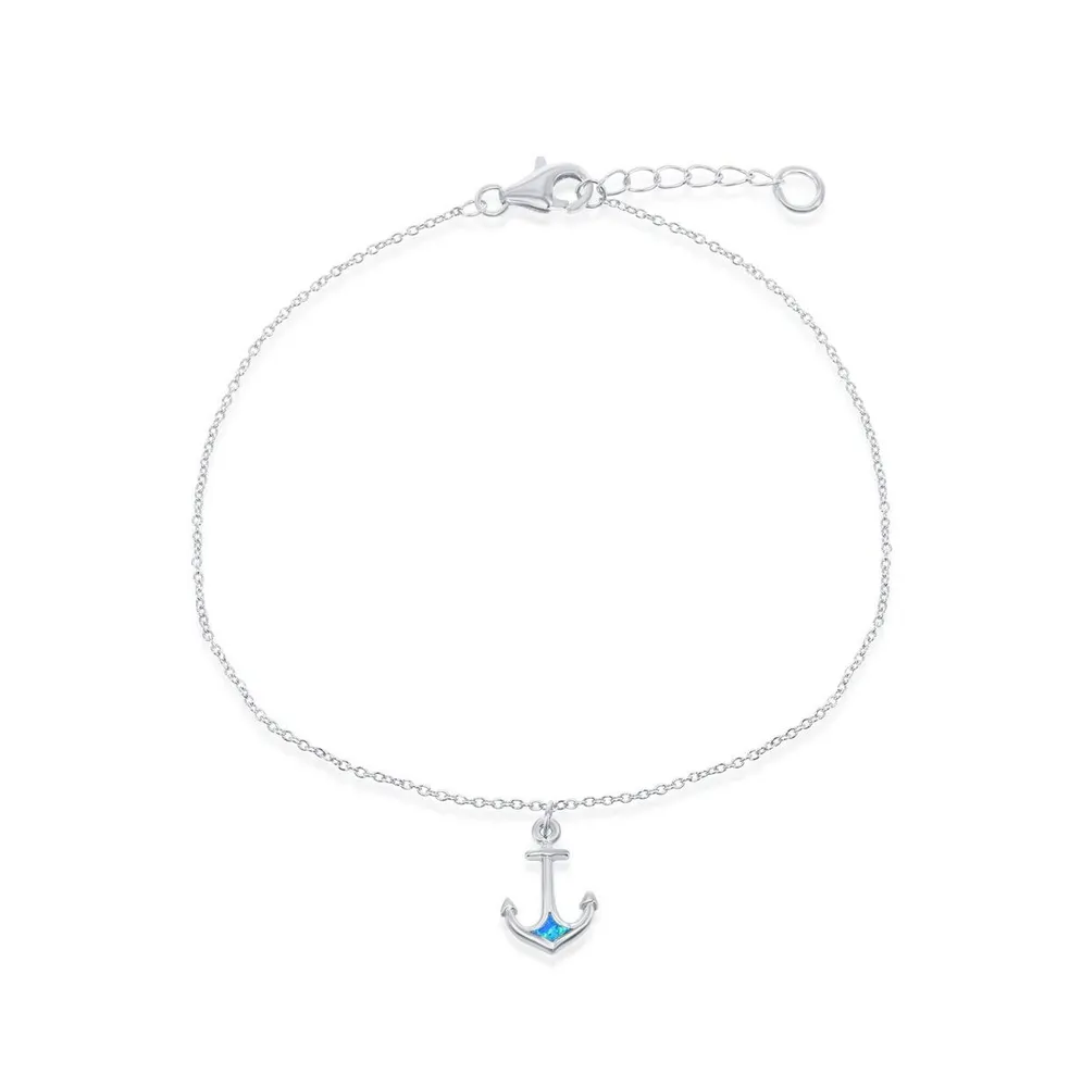 Caribbean Treasures Sterling Silver Synthetic Blue Inlay Opal Anchor Anklet