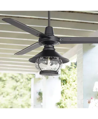 Casa Vieja 52" Plaza Dc Mid Century Modern Industrial 3 Blade Indoor Outdoor Ceiling Fan with Light Led Remote Control Matte Black Glass Damp Rated Pa
