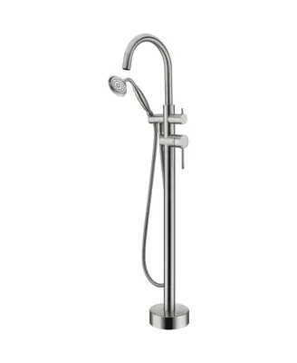 Simplie Fun Freestanding Tub Filler Bathtub Faucet Brushed Nickel With Hand Held Shower Floor-Mount