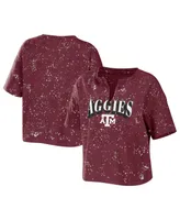 Women's Wear by Erin Andrews Maroon Texas A&M Aggies Bleach Wash Splatter Cropped Notch Neck T-shirt