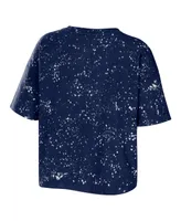 Women's Wear by Erin Andrews Navy West Virginia Mountaineers Bleach Wash Splatter Cropped Notch Neck T-shirt