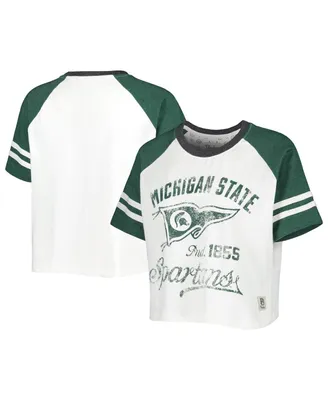 Women's Pressbox White Distressed Michigan State Spartans Melange Beaumont Cropped Raglan T-shirt