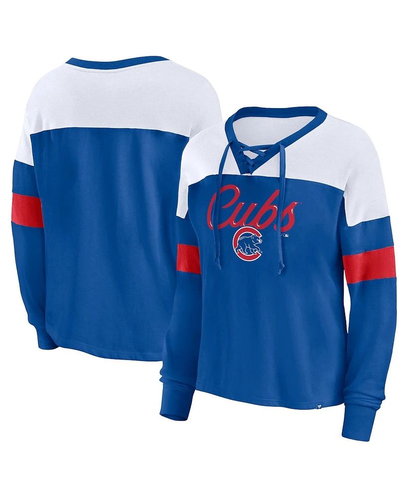 Women's Fanatics Royal, White Chicago Cubs Even Match Lace-Up Long Sleeve V-Neck T-shirt