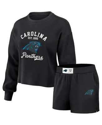 Women's Wear by Erin Andrews Black Distressed Carolina Panthers Waffle Knit Long Sleeve T-shirt and Shorts Lounge Set
