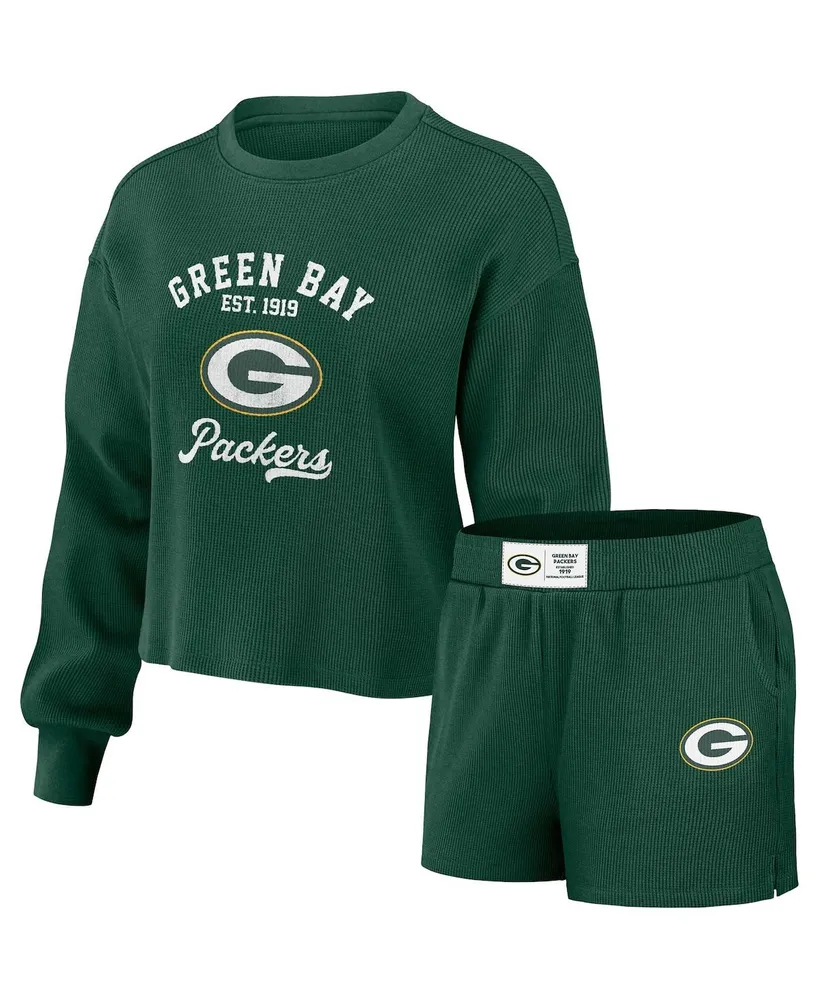 Wear By Erin Andrews Women's Wear by Erin Andrews Green Distressed Bay  Packers Waffle Knit Long Sleeve T-shirt and Shorts Lounge Set