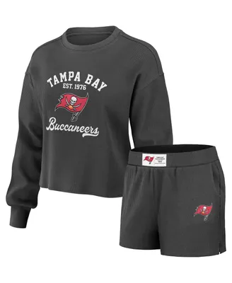 Women's Wear by Erin Andrews Pewter Distressed Tampa Bay Buccaneers Waffle Knit Long Sleeve T-shirt and Shorts Lounge Set