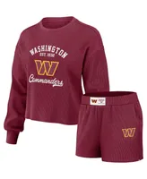 Women's Wear by Erin Andrews Burgundy Distressed Washington Commanders Waffle Knit Long Sleeve T-shirt and Shorts Lounge Set