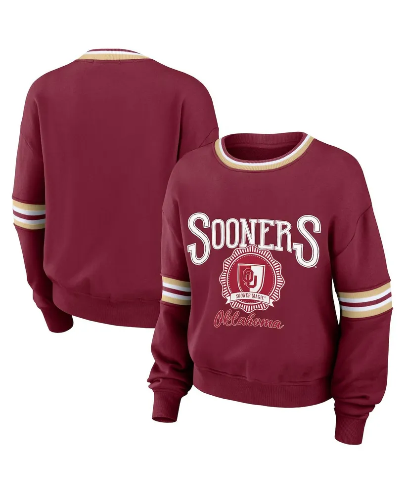 Women's Wear by Erin Andrews Crimson Distressed Oklahoma Sooners Vintage-Like Pullover Sweatshirt