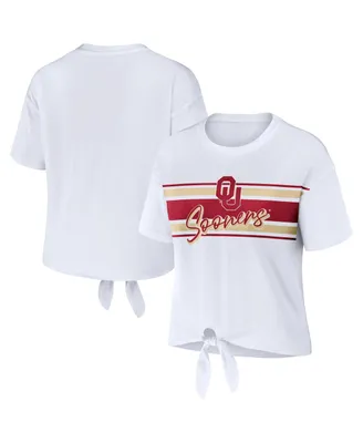 Women's Wear by Erin Andrews White Oklahoma Sooners Striped Front Knot Cropped T-shirt