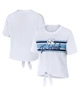 Women's Wear by Erin Andrews White North Carolina Tar Heels Striped Front Knot Cropped T-shirt