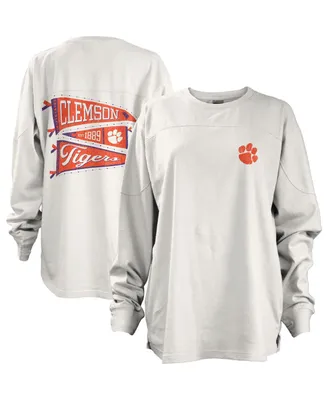 Women's Pressbox White Distressed Clemson Tigers Pennant Stack Oversized Long Sleeve T-shirt
