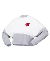 Women's Spirit Jersey White Wisconsin Badgers Heather Block Cropped Long Sleeve T-shirt
