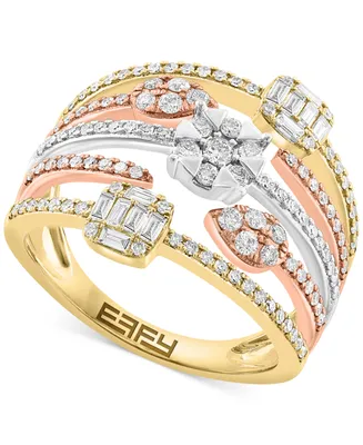 Effy Diamond Round & Baguette Multirow Statement Ring (5/8 ct. t.w.) in 14k Tricolor Gold