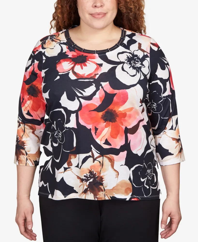 Alfred Dunner Plus Size Park Place Drama Shadow Floral Double Strap Top