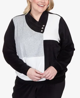 Alfred Dunner Plus Size Drama Queen Velour Colorblock Envelope Neck Top