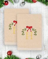 Linum Home Christmas Mistletoe Monogram Beige Embroidered Luxury Turkish Cotton Hand Towels, 2 Piece Set