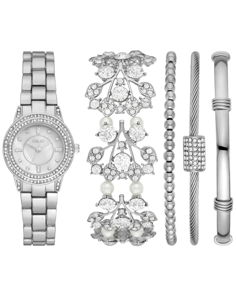 Folio Women's Quartz Three Hand Silver-Tone Alloy Watch 30mm, Gift Set