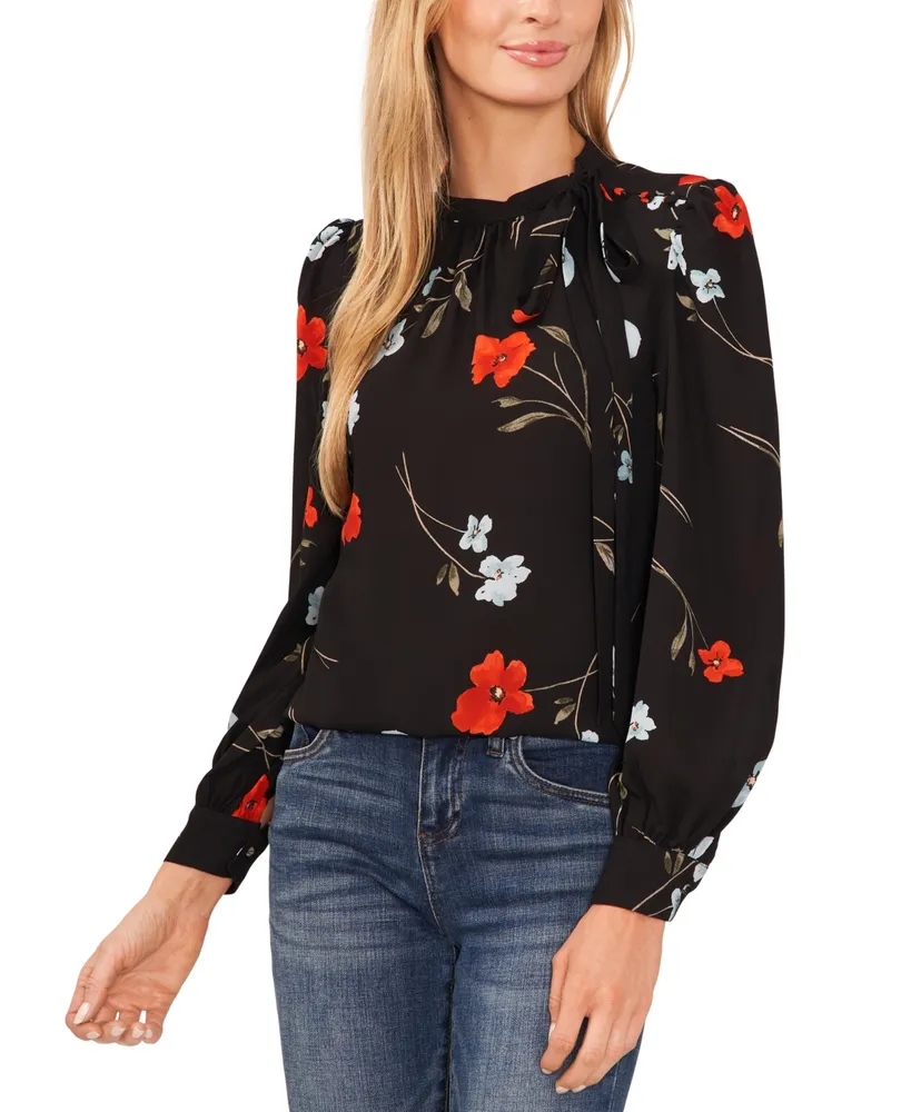 CeCe Women's Floral Tie Neck Button Shoulder Long Sleeve Blouse