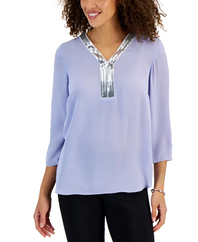 Jm Collection Petite Sequined-Trimmed Y-Neck 3/4-Sleeve Top, Created for  Macy's