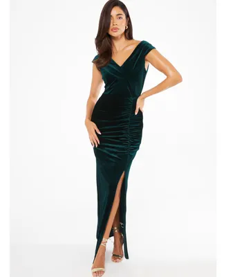 Quiz Women's Velvet Bardot Ruched Maxi Dress