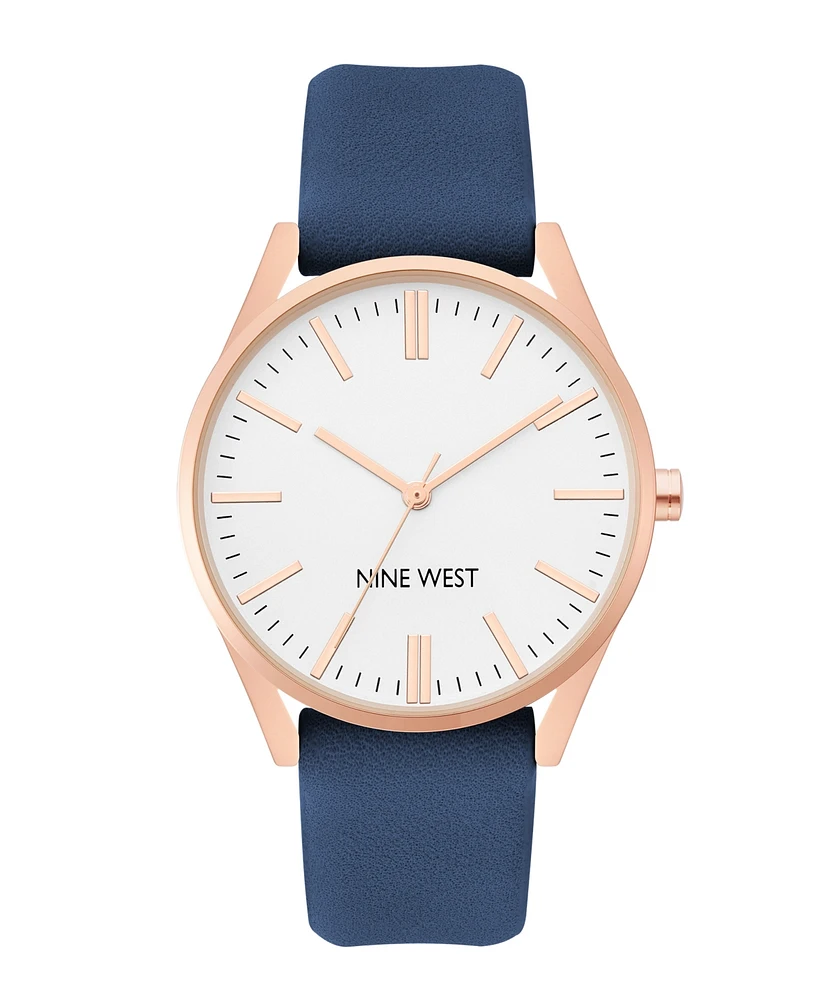 Nine West Women's Quartz Navy Faux Leather Band Watch, 36mm - Navy, Rose Gold