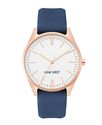 Nine West Women's Quartz Navy Faux Leather Band Watch, 36mm - Navy, Rose Gold