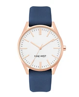 Nine West Women's Quartz Navy Faux Leather Band Watch, 36mm - Navy, Rose Gold