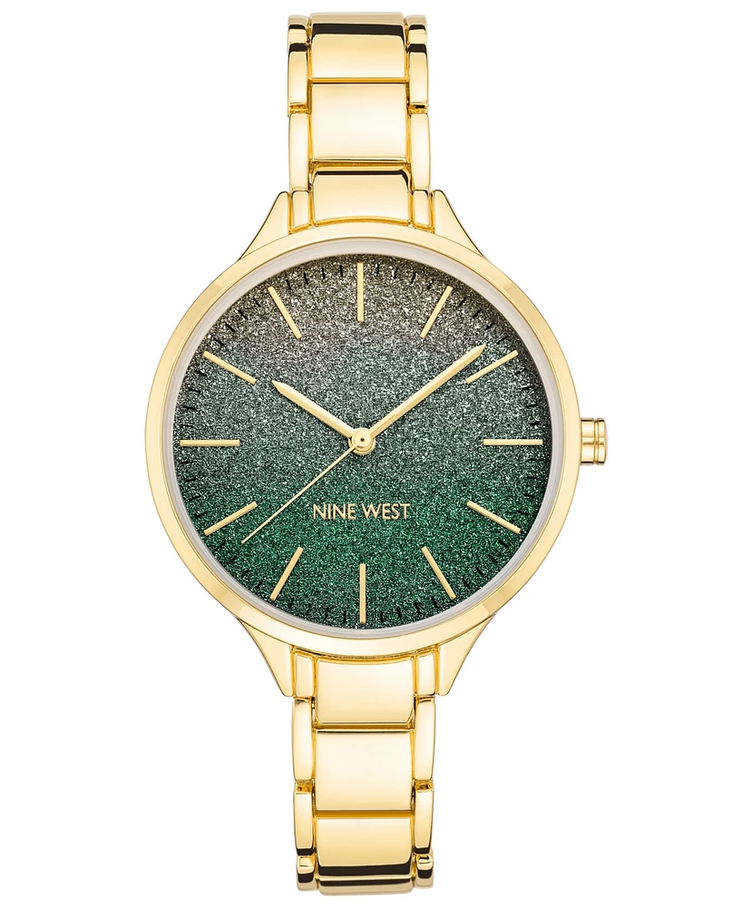 Nine West Women's Quartz Gold-Tone Alloy Link Bracelet Watch, 36mm - Green, Gold