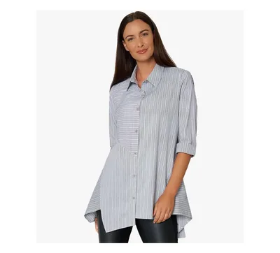 Stella Carakasi Women's Cotton Poplin Button-Front Step Hem Shirt Top Crossroads Tunic Yarn Dye Stripe