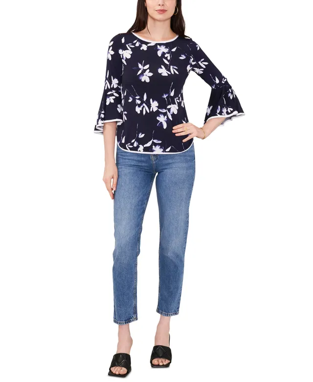 Sam & Jess Petite Floral-Print Smocked-Waist Flutter-Sleeve Top