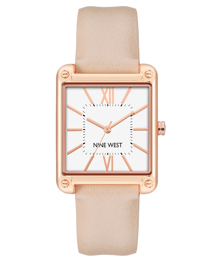 Nine West Women's Quartz Square Light Pink Faux Leather Band Watch, 29mm - Pink, Rose Gold