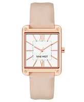 Nine West Women's Quartz Square Light Pink Faux Leather Band Watch, 29mm - Pink, Rose Gold