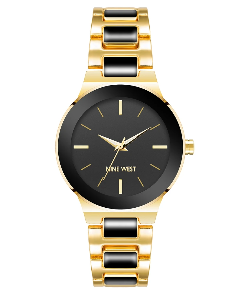 Nine West Women's Quartz Black Enamel and Gold-Tone Alloy Link Bracelet Watch, 34mm