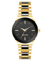 Nine West Women's Quartz Black Enamel and Gold-Tone Alloy Link Bracelet Watch, 34mm